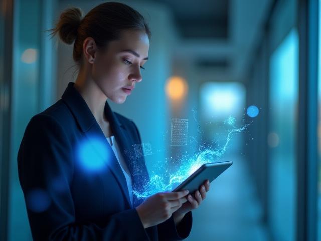 Profesional de negocios interactuando con un whitepaper digital en una tablet, con gráficos de datos sutiles en el fondo que representan resultados B2B.