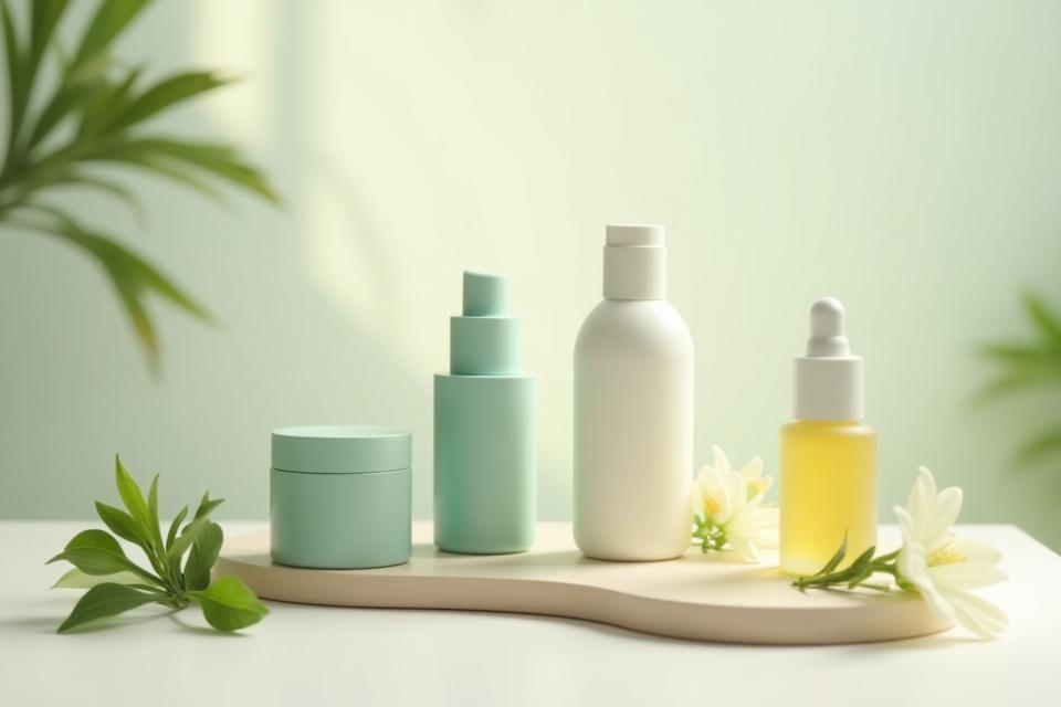 Imagen de productos de cosmética natural con flores y embalajes elegantes.