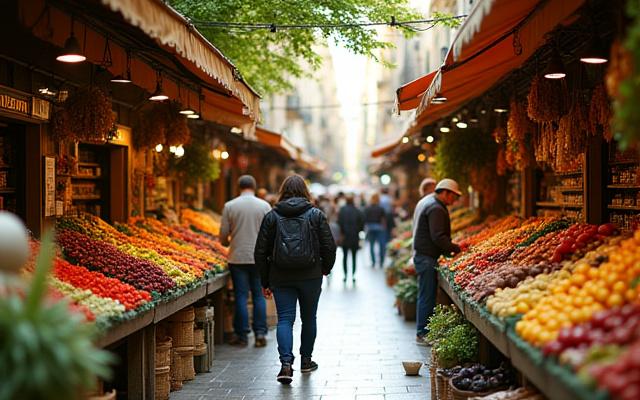 Un mercado local con múltiples puestos y actividad.
