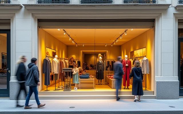 Fachada de una boutique de moda o tienda minorista con clientes entrando.